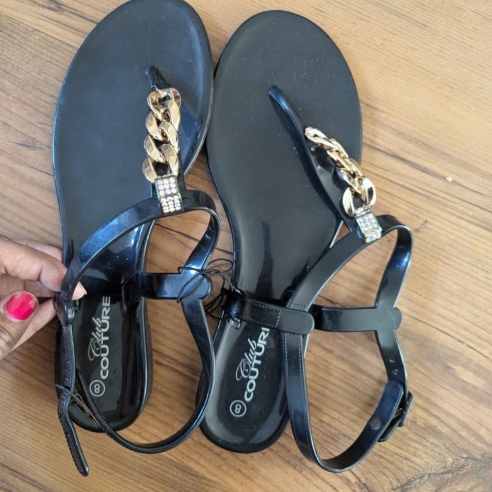 New Black Sandals with Gold Chain Detail